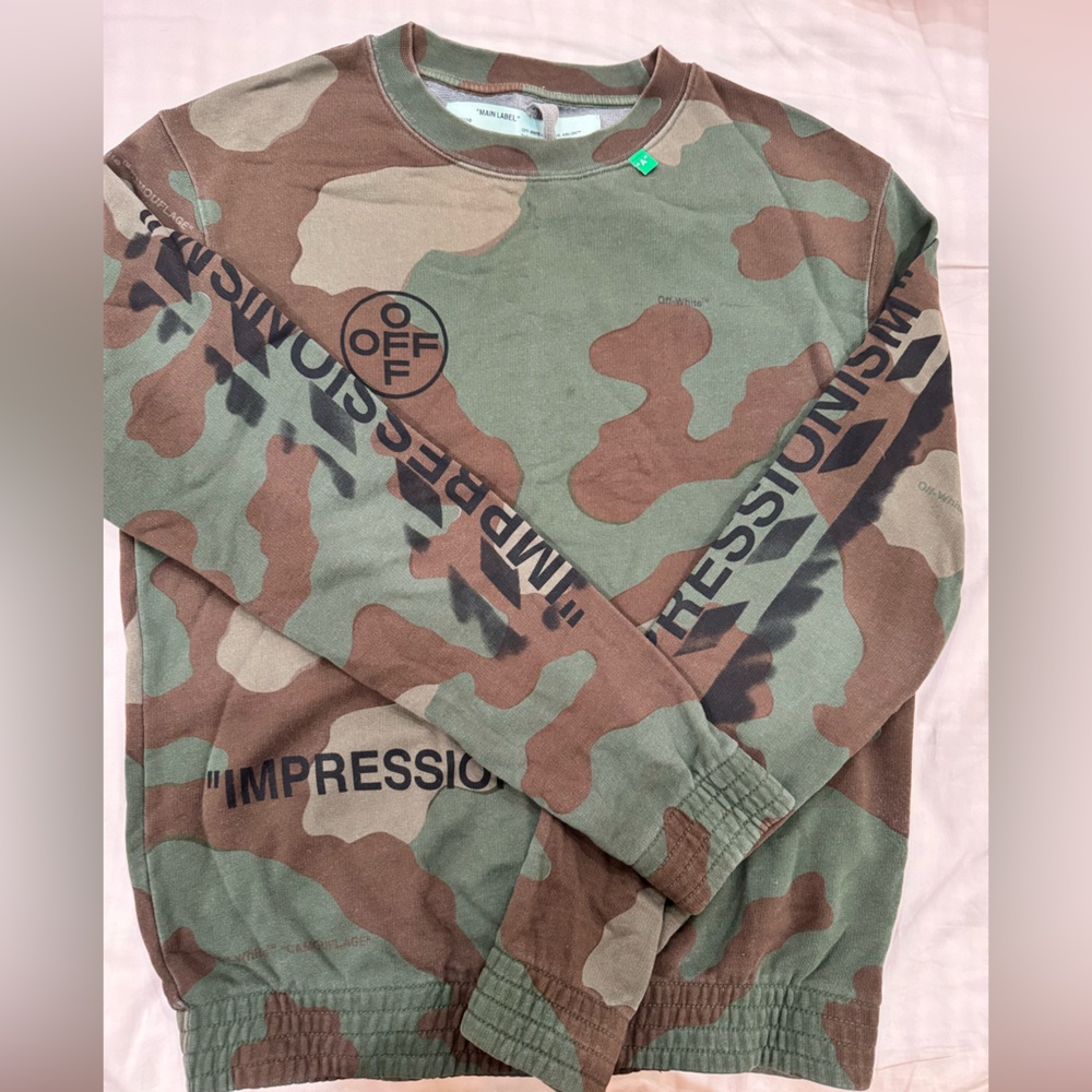 Off-White Camouflage Tee with Green Accents